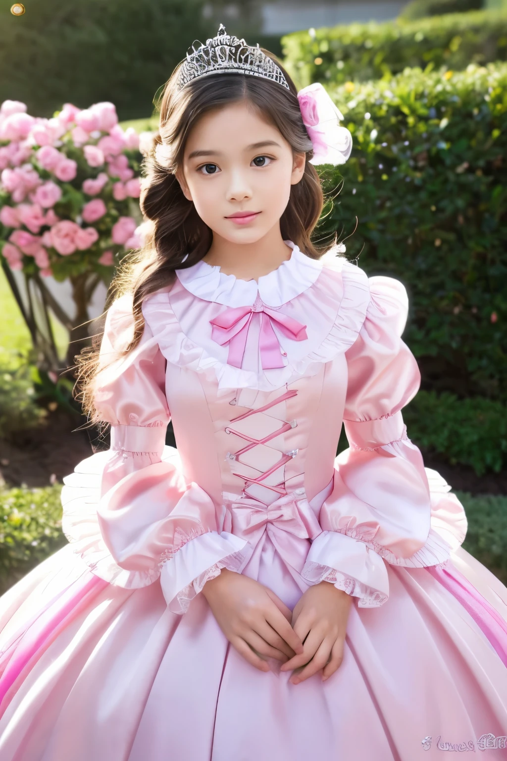 Close up portrait of woman in satin dress with pink ribbon,,highest quality, masterpiece, highest resolution, artwork, super それにget used to it, many get used to it, get used to it, それにget used to it, 3k realistic pictures,,((two 10 year old little girls)),Ultra-detailed juvenile face,two are princesses,full length ball gown dress with hoop skirt,ruffled yoke collar,puff sleeves,long sleeve,((Lolita style hot pink detailed princess dress with lots of ruffles and ribbons)),Rococo style lolita fashion,shiny satin dress,Soft and smooth fabric,luxury,long blonde hair,blue eyes,white skin european,