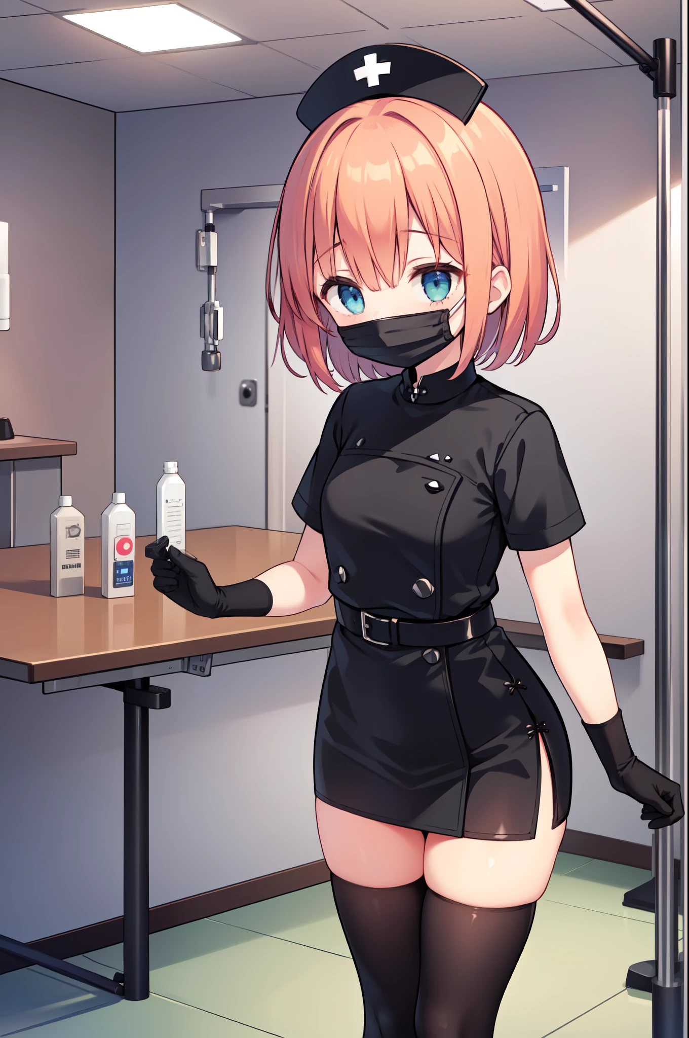 black nurse, 1girl, solo, black nurse cap, black nurse uniform, ((black legwear, zettai ryouiki)), black elbow gloves, very short hair, orange hair, ((black surgical mask, covered nose)), standing, ((surgery room)), sharp outline, short sleeves, tomboy, boyish, best quality, masterpiece