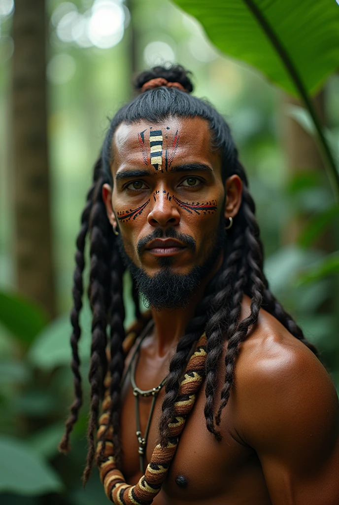 (((indigenous man))) best qualityer, very high resolution, Detailed CG in 4K, work of art, Amazon Brazil, Indigenous, Indigenous tribes, Indigenous city, forst, aesthetics, Beautiful picture, centered on screen, whole body, green eyes Long hair side shaved war paint face