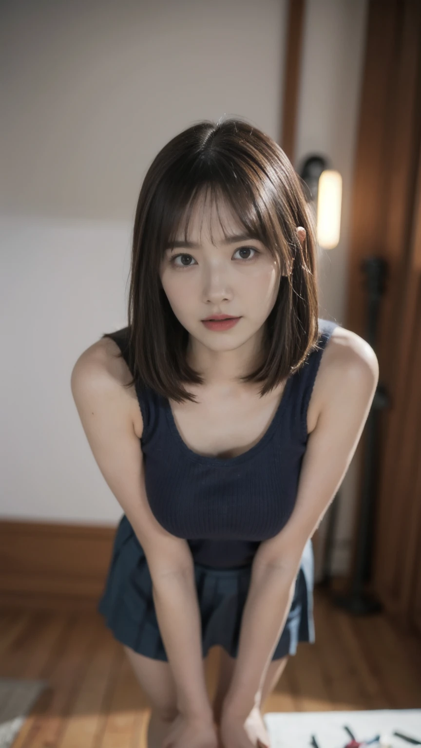 ((1girl)), woman, masterpiece, best quality, highest quality, cinematic lighting, (volumetric lighting), extremely detailed CG unity 8k wallpaper, focused, 8k wallpaper, extremely detailed, ultra realistic, photorealistic, sharp focus, absurdres, (HDR:1.2), (high contrast), photograph, detailed and intricate, instagram, portrait, highly detailed, digital painting, artstation, concept art, smooth, sharp focus, illustration, cinematic lighting, (big breast:1.3), (((skinny, slim legs))), (japanese idol posture), (knit strap tanktop, mini skirt, open shoulder), looking at the viewer, ((Medium body shot, hip level shot)), long hair, ((bent over))