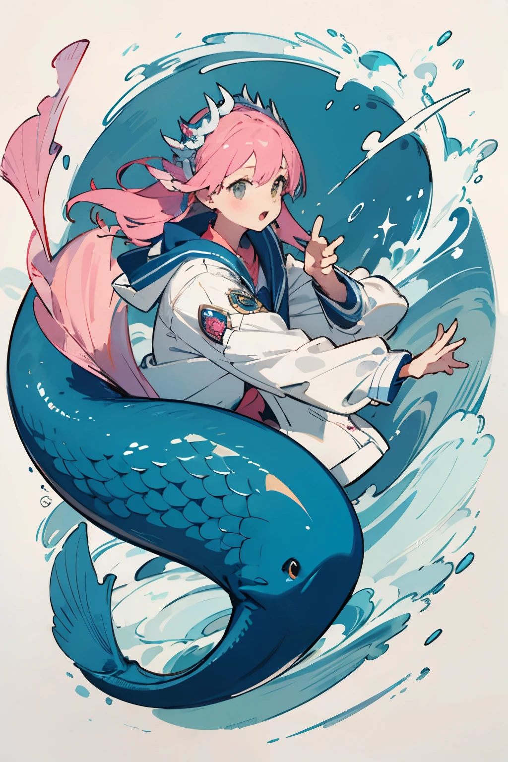 Mermaid with pink tail and white jacket, Concept art by Kamagurka, pixiv Contest Winner, Sequential Art, artstation On pixivトレンド, Marine Siren, On pixiv, Digital art on Pixiv, Popular on pixiv, On pixiv Top Rated, Goddess of the Sea, Goddess of the Sea, pixiv daily ranking,Pink Hair