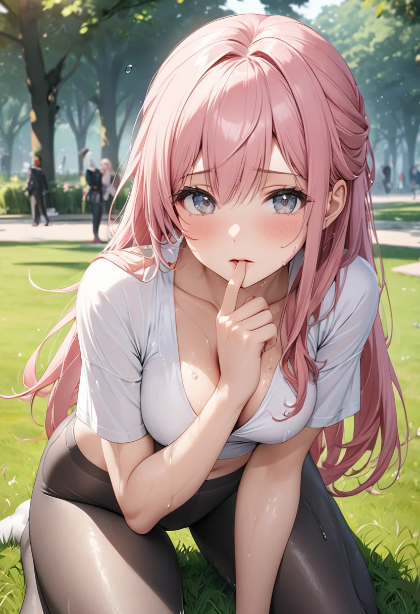 8k,Highly detailed CG unit wallpaper,masterpiece:1.2,Highest quality,Ultra-high resolution,RAW Photos,absurdres, 30 year old beautiful girl, female,Medium Breastage,Pinong Hair,half up,Cute like an idol,Beautiful eyes,wet eyes,White croptop,dark grey leggins,snfw,(female masturbation using hrs),grass,park,
