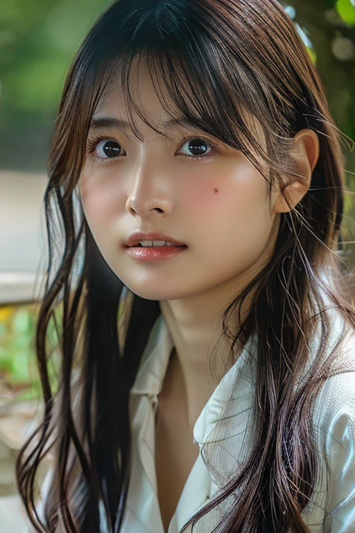A close-up portrait of a young female archer with a determined expression, wearing traditional archery attire. She is in the middle of drawing her bow, with a background of a lush green forest. High detail, photorealistic, 8k resolution, ultra-detailed.((Archer:1.3))