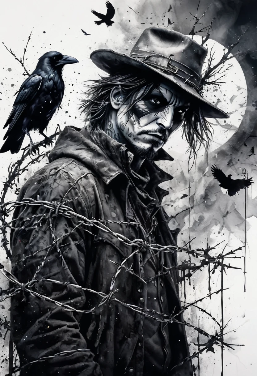 Vektor Create an exquisite ink painting on white paper that is the perfect multi-exposure work of art. This piece was intended to combine the volume-shaded of a Raven and a scarecrow and barbed wire. Hyper realistic.Tattoo style, paint splash, colors in white ,black and white , cinematic, illustration, painting, photo, poster, dark fantasy