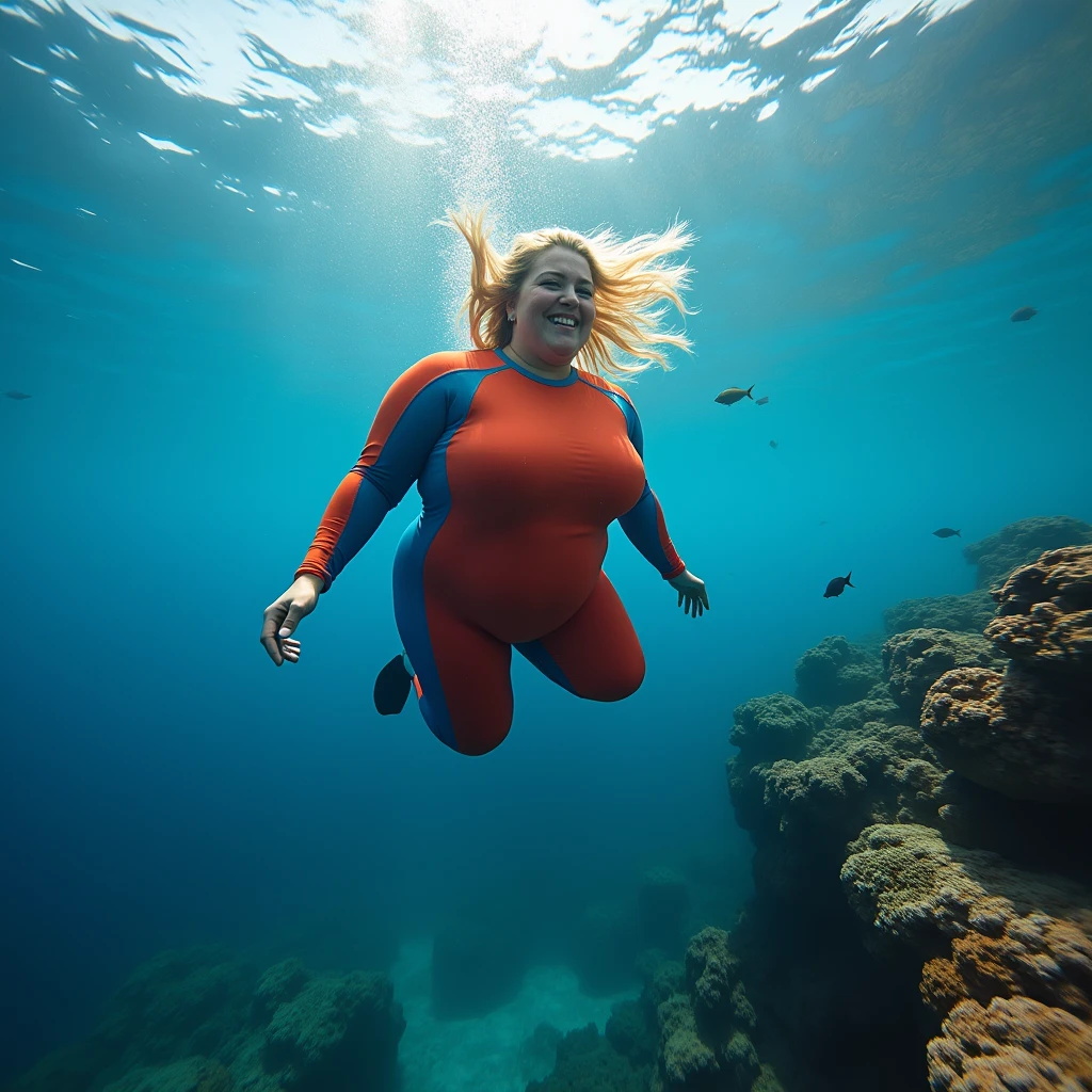 A plus size model woman is 150kg obese and overweight with a lot of belly fat, she gained weight by eating too much, an obese plus size model with a very large belly, her belly is bulging and covered with a lot of fat, she is a blonde haired American sumo wrestler diving in the ocean wearing a colorful wetsuit, 4K resolution