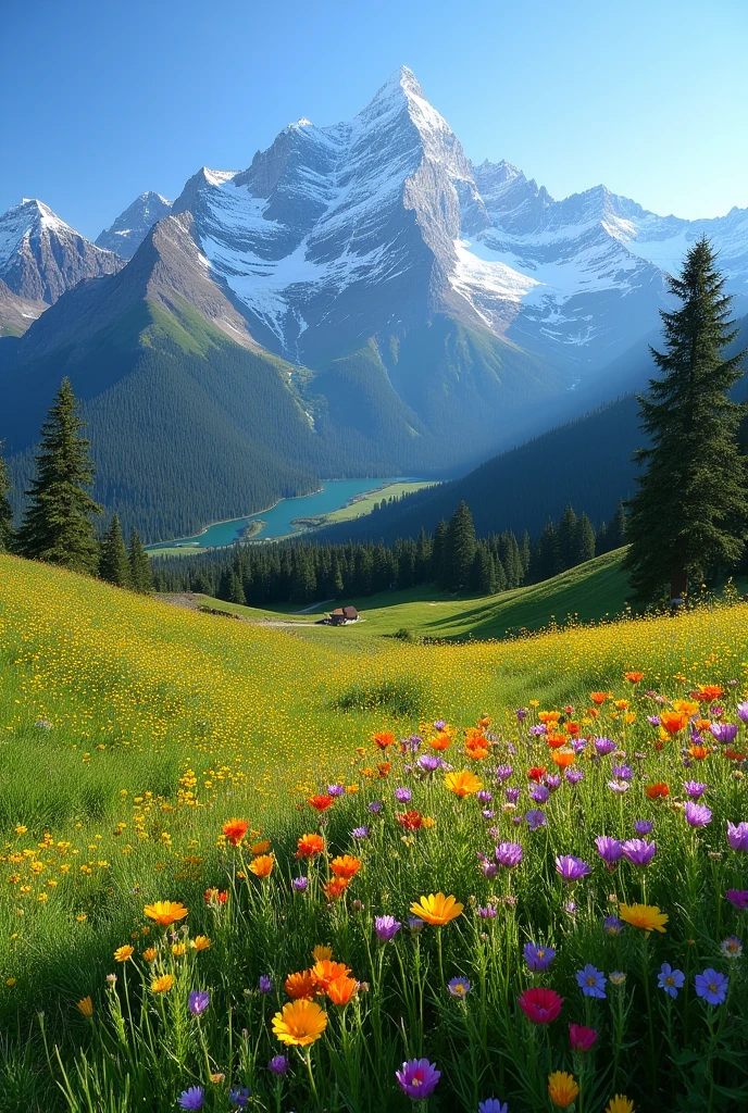 In Washington state, the landscape unfolds in a vibrant display of nature's splendor. The scene is bathed in bright sunlight, highlighting a carpet of lush green grass interspersed with a tapestry of colorful wildflowers that dot the meadows. In the distance, majestic snow-clad mountains stand tall, their icy peaks contrasting sharply with the verdant foreground. The sky is clear and azure, enhancing the brilliance of the wildflowers and the serene beauty of the snow-capped range.