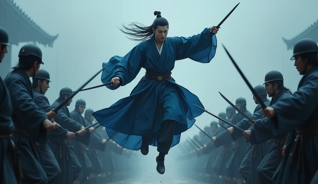 A MALE ASSASSIN, WEARING TRADITIONAL KOREAN CLOTHING, DARK BLUE, long hair, FLOATING IN THE AIR SHOWING SWORDSMANSHIP SKILLS. BELOW ARE SWORDSMEN WHO ARE TARGETING HIM. REALISTIC CONDITIONS, real, clear, HD. ADD A TOUCH OF BLOOD. Rain