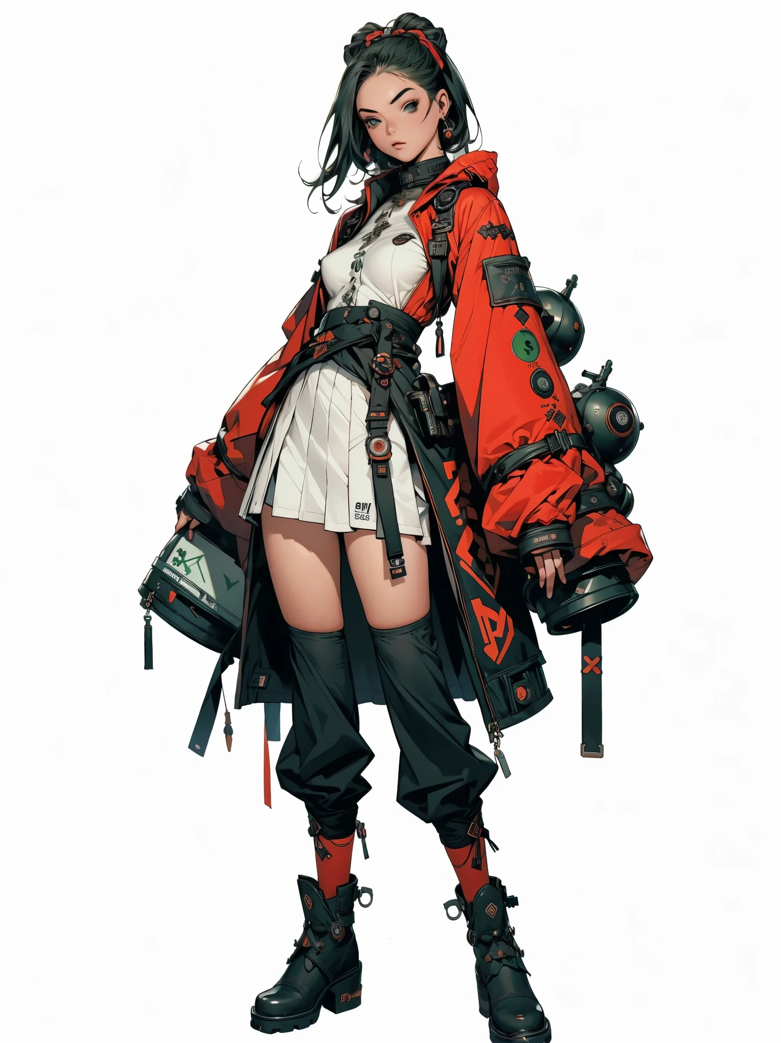 (((Teen girl))), (((best qualityer: 1.4))), (Unbeatable masterpiece), (hiper HD),(CG 8k hyper-realistic), (((breasts small))), (((hyper feminine))), sexly girl, black tattoo,(black short hair), ((( cos))), (((1 Kizi))), Kizi tatuada de 25 anos com cos perfeito,,Beautiful and well-groomed face,muscular cos:1.2,solid color detailed jacket, (Head to thigh photos), Complex equipment, green dark,Long pants,Tight clothes are dark,With white stars and off-white stripes,,,,,Armor Metal Electronic Parts, Poison tattoos ) INFO, Kizi, (((standing alone))), pirralha violent, ((())), sexly, pose de atitude, work of art, post-apocalypse, (((manga style))), bounty hunter, violent, Manic, the way you want, cos esguio, thin but strong, cos perfeito, roupa moderna, advanced technology, Pleated mini skirt with checkered pattern in red and black, fur collar jacket, sleeves with vertical striped pattern, neutral background, (( cowboy shot )). intricate visual