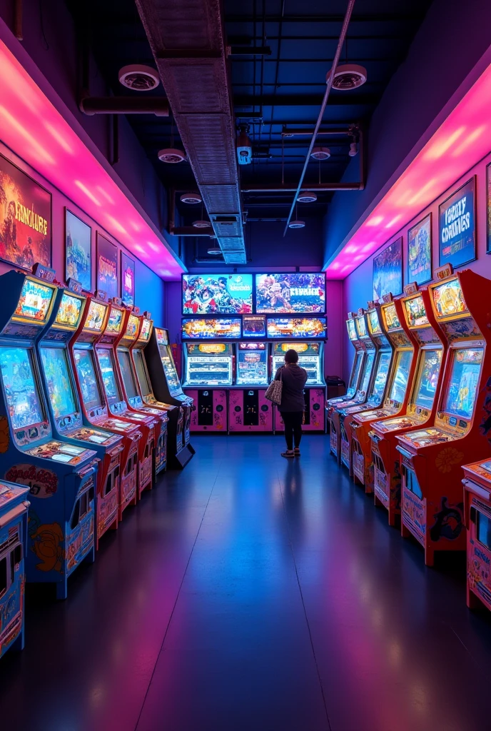 
Imagine a vibrant and illuminated hall, with walls decorated in bright colors, like those from the PixelPlay arcade. The floor is covered with a dark carpet that enhances the twinkling lights of the arcade machines. 

to the left, there's a line of classic and modern arcade games, displaying colorful screens and animated sounds. Some machines have adventure game themes, while others are based on popular movies, attracting players of all ages. 

In the center of the hall, a modern cash register is surrounded by colorful prizes and eye-catching posters. The attendants are always ready to help customers exchange tokens for game credits.

On the right, an area with food and drink machines offers delicious options: Hot popcorn, ice-cold sodas and various sweets. A small seating area invites players to relax between games.

The atmosphere is full of laughter and shouts of joy, creating a lively and inviting atmosphere. It's the perfect place to have fun and spend time with friends!
