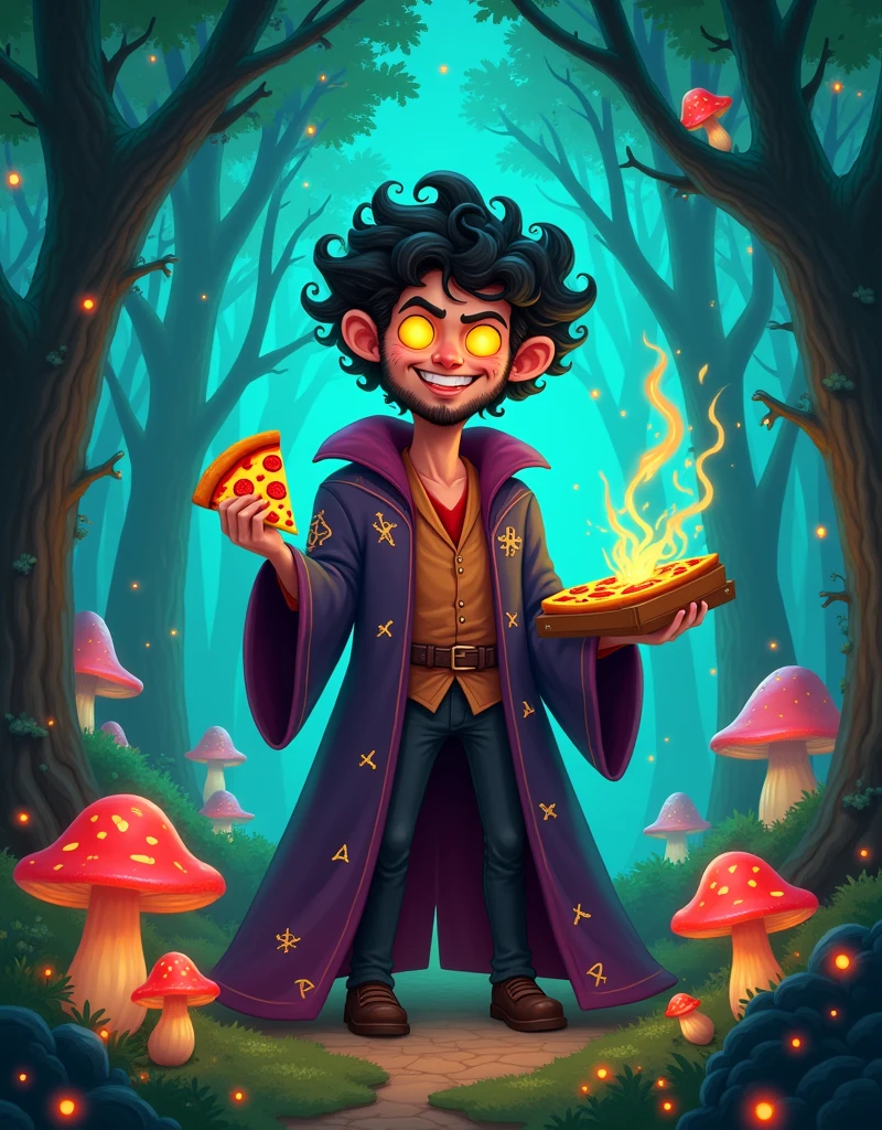 Necromancer man good-vibes "THAT KIDDING FROM NEW" with black hair type c4 curly with "🍕" in place of the eyes love pizza