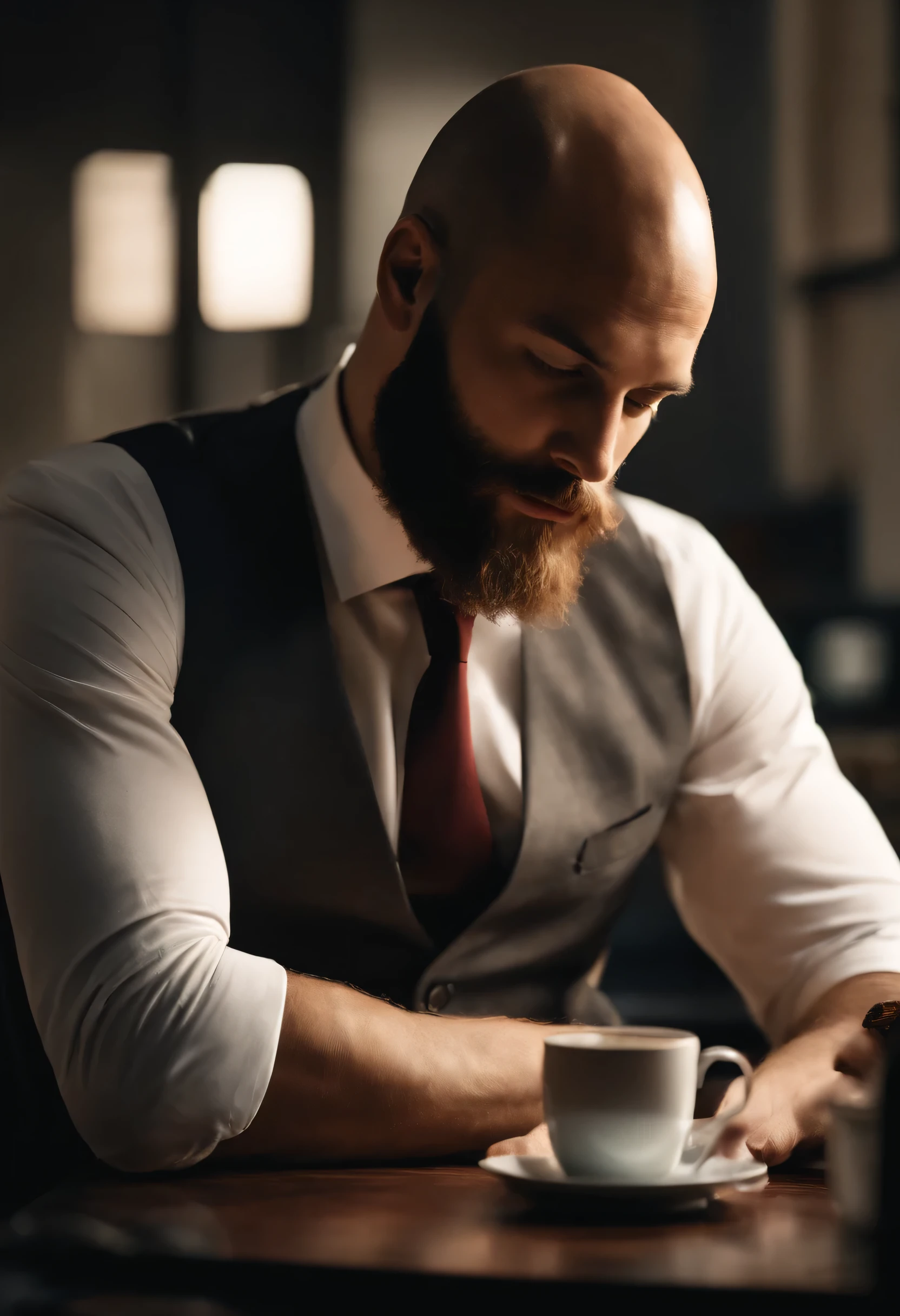 A 28 year old man, with a sawed-off beard and bald head, wearing white long-sleeved shirt and tie, drinking coffee, In a dimly lit office, work of art, best qualityer, 8k hd, dslr, film grain, pintura fotorrealista Fujifilm XT3 arte de midjourney e greg rutkowski