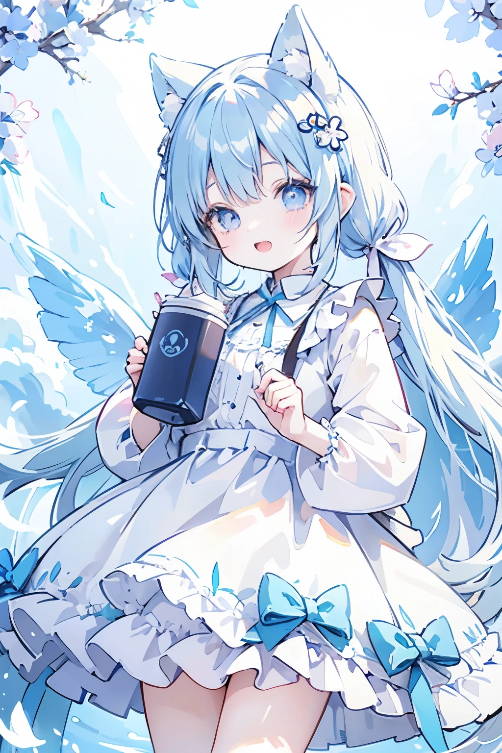 anime、pastel、Very young、child、Laugh with a big open mouth、Double teeth、Very short、pastelホワイトの髪、long、Short pigtails、Flower Hair Ornaments、Dropped ears、Fluffy tail、Big, cute eyes、Glowing eyes、With an odd eye of azure blue、Cheeky cheeks、Slender body、She is wearing a white and light blue dress.、Outdoor、Cute Girlfriend、Flower Field、Tea party