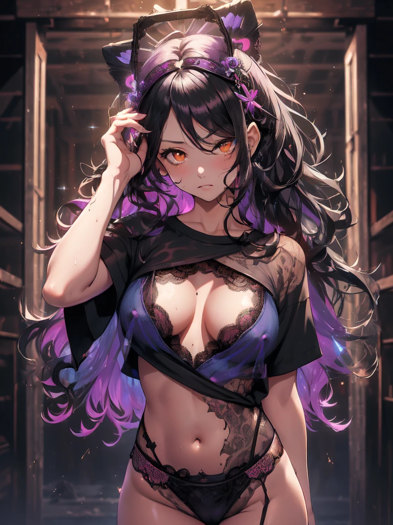 masterpiece, best quality,absurdres,(アニメ),1 lady, (black hair:1.3),wavy hair,(orange eyes:1.1),(hair over one eye:1.2),wavy hair,, Shy and surprised,BREAK,(indigo T-shirt with black lace overlay:1.2),,(purple and black lace headdress:1.1),BREAK,(nsfw:1.3),is focus ,(cowboy shot),is,(bend backward:1.1),plants background,wet hair, against glis, (((is on glis))), (((is press,))),Backlight,Shiny Hair,Curly hair,Stylish hairstyle,Nipple erection,Glamorous Body,Stylish shirts,No bra,Realistic Flesh,Dynamic Angle、