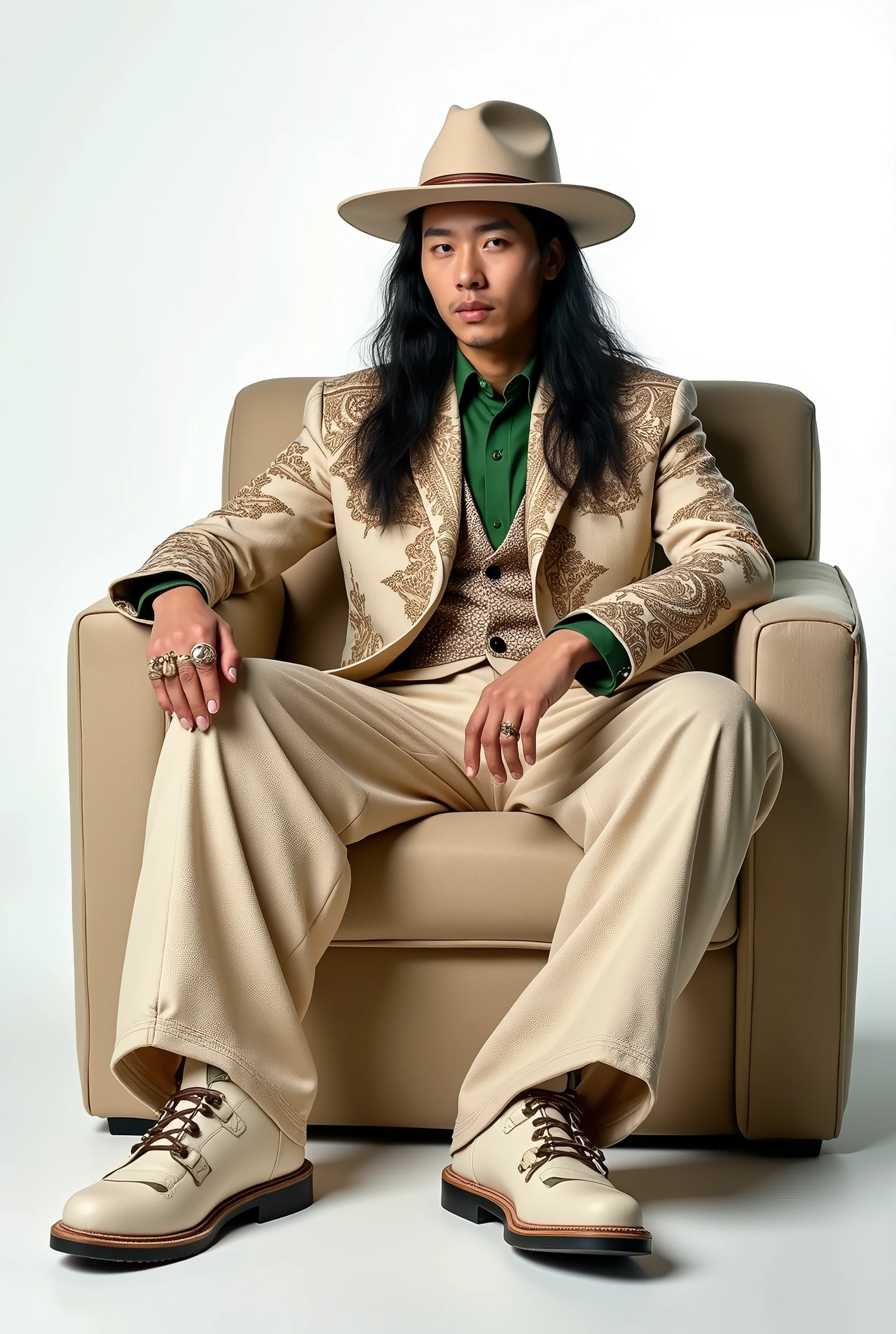korean man wearing beige suit with lot of arabic patterns ,long hair ,((full body)),oversize classic pants ,(( green tie ,suit design inspired by arabic clothes tale)), hat , rings , , Poster ad ,long shot , sitting on sofa chair, cross legs ,photoshotting ,white background
