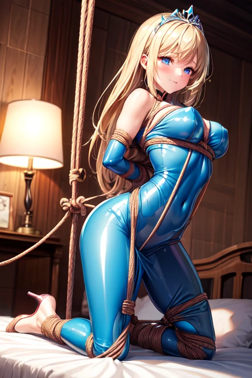 Shiny blond hair, loose hair, very long hair, sophisticated haircut, thin and oval face, very sexy and sophisticated transparent red dress, sexy blue latex suit, sexy black latex catsuit, thighhigh stockings, embarrassed, submissive, nervous smile, cute and blushing 18 years old anime girl, look away because she is embarrassed and blushes, bright blue eyes, detailed face, detailed members, detailed arms, detailed hands, ((((sparkling diamond jewelry)))), tiara, ((makeup)), high heels, puffy sleeves, long gloves, long eyelashes, ((((shiny blue transparent dress)))), Girl lying, tied by ropes, shackled, can no longer move, tied tightly, very hard tied up with lots of ropes, hampered by so many ropes that she can no longer move, bound hands and feet, ropes tie his whole body, tied extremely tightly and forcefully to her bed by a lot of ropes, its limbs are strongly tied together by ropes, his torso is tied up with thick cords, her chest is so tied up with ropes that it sticks out, her legs are tied tightly with thick ropes, his hands are tied behind his back with ropes, she can no longer move her feet, her hands which are tied by thick ropes, she desperately tries to free herself, likes to be tied tight with big ropes, likes to be immobilized by big ropes, lying down, his hands and feet are strongly tied to the railing of his bed, his legs are pressed together and tied with ropes, its limbs are held vigorously by imposing ropes, her hands are tied securely behind her back by ropes, her chest is compressed by strong ropes, she is pressed against her bed and restrained by large ropes (shibari, arms behind the back:1.4), (hands on the back), (masterpiece, best quality) 1.5, 1girl, solo, (sexy, beautiful woman, perfect face, perfect eyes, perfect hands), samus aran, black leather dress, kneeling, (shibari, arms behind the back:1.4), (hands on the back), Spread the legs, s&#39;lie in bed by big ropes