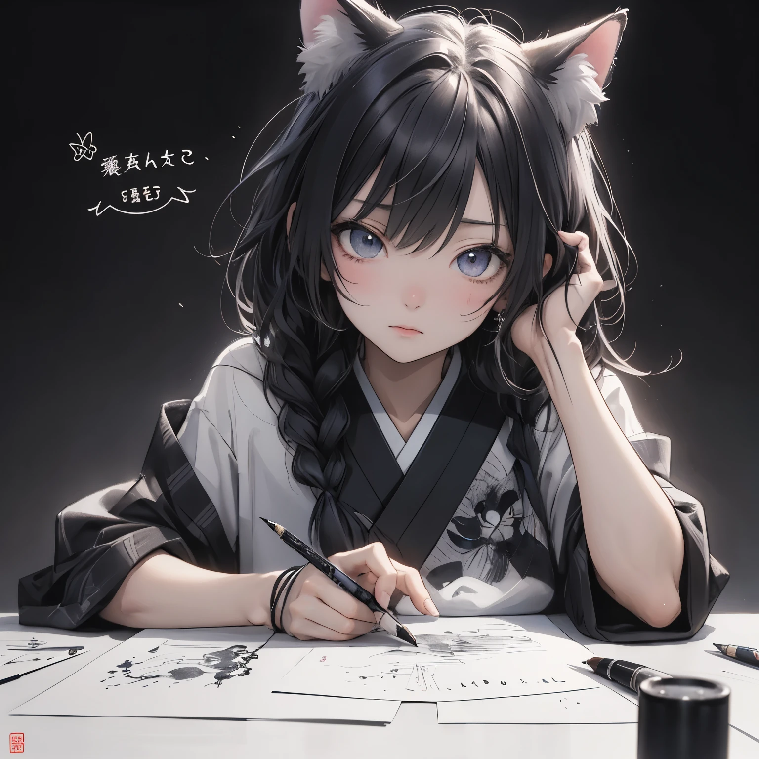 (masterpiece), Highest quality, Ultra-high resolution,ink色のリボンをつけた猫耳、ink色の髪、ink色の目、ink色の服、haiku、(Pen:1.3)、(習Character:1.3)、Artist、(ink:1.3)、Character