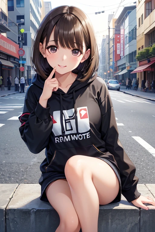 anegasaki nene、Shiny brown hair, short hair, (Beautiful brown eyes、Sparkling eyes, Fine grain)、smile、Ultra-detailed eyes、Highly detailed face, Highly detailed eyes,
Highest quality、
Anime,short hair, hoodie, computer, streamer, virtual, Sexy leg opening street style
