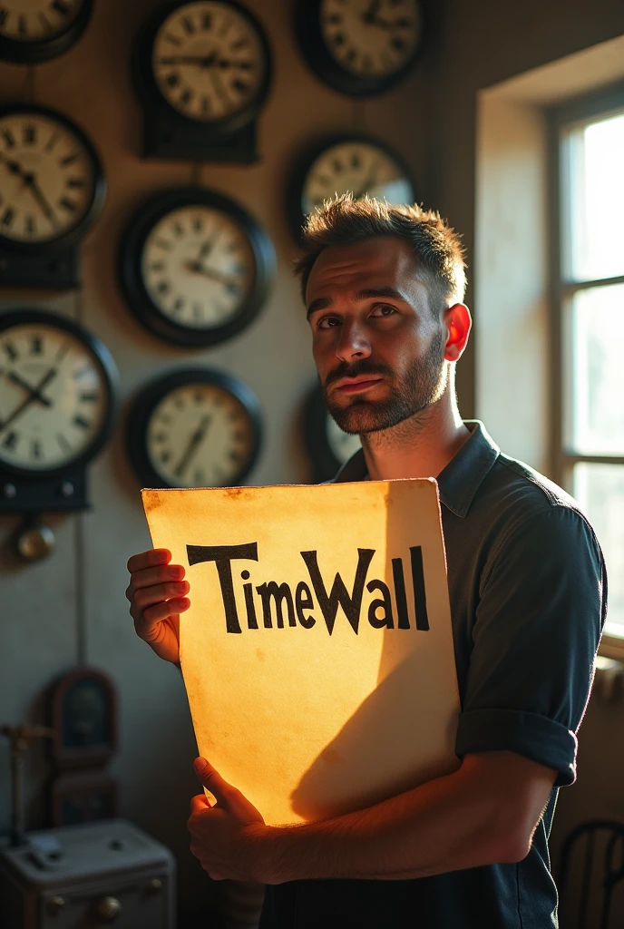 Man holding a paper TimeWall written