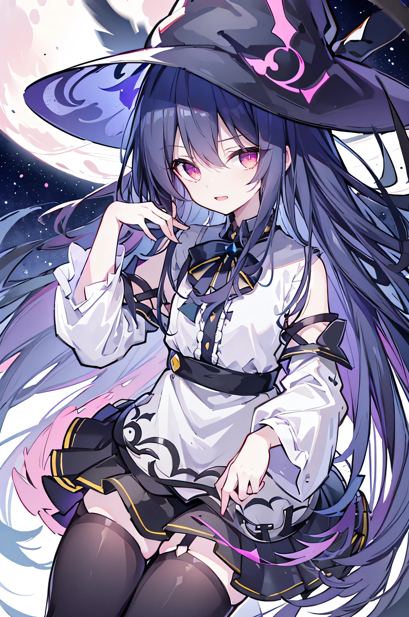 oung Girls,Humanity,A magician always smiles,big witch hat,cute,dark blue long hair,The eyes are dull,The bangs are heavy,Thin eyebrows,fantasy,intake,Double teeth,Star Theme,Constellation pattern,Solid color clothetal decoration,cloak,A bit of a dark atmosphere,A little crazy smile,When the big moon shines outside at night,blood,Hair black star embellishment,Short tie,No nails,High waist skirt,Bell sleeves,Long-sleeved shirt,Black tie,low risk,gentlemen。Mist、Yellow and white effect,Shocking pink as an accent color
