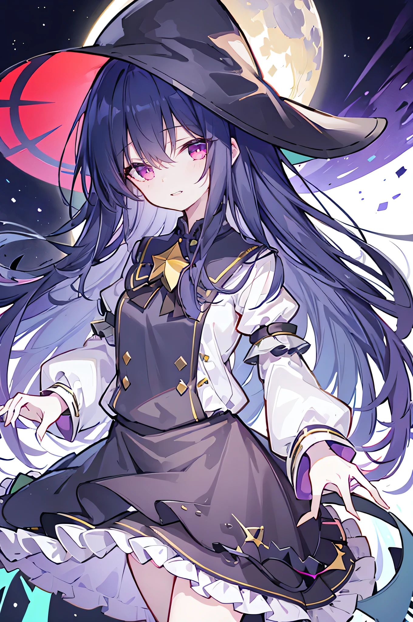 oung Girls,Humanity,A magician always smiles,big witch hat,cute,dark blue long hair,The eyes are dull,The bangs are heavy,Thin eyebrows,fantasy,intake,Double teeth,Star Theme,Constellation pattern,Solid color clothetal decoration,cloak,A bit of a dark atmosphere,A little crazy smile,When the big moon shines outside at night,blood,Hair black star embellishment,Short tie,No nails,High waist skirt,Bell sleeves,Long-sleeved shirt,Black tie,low risk,gentlemen。Mist、Yellow and white effect，Shocking pink as an accent color
