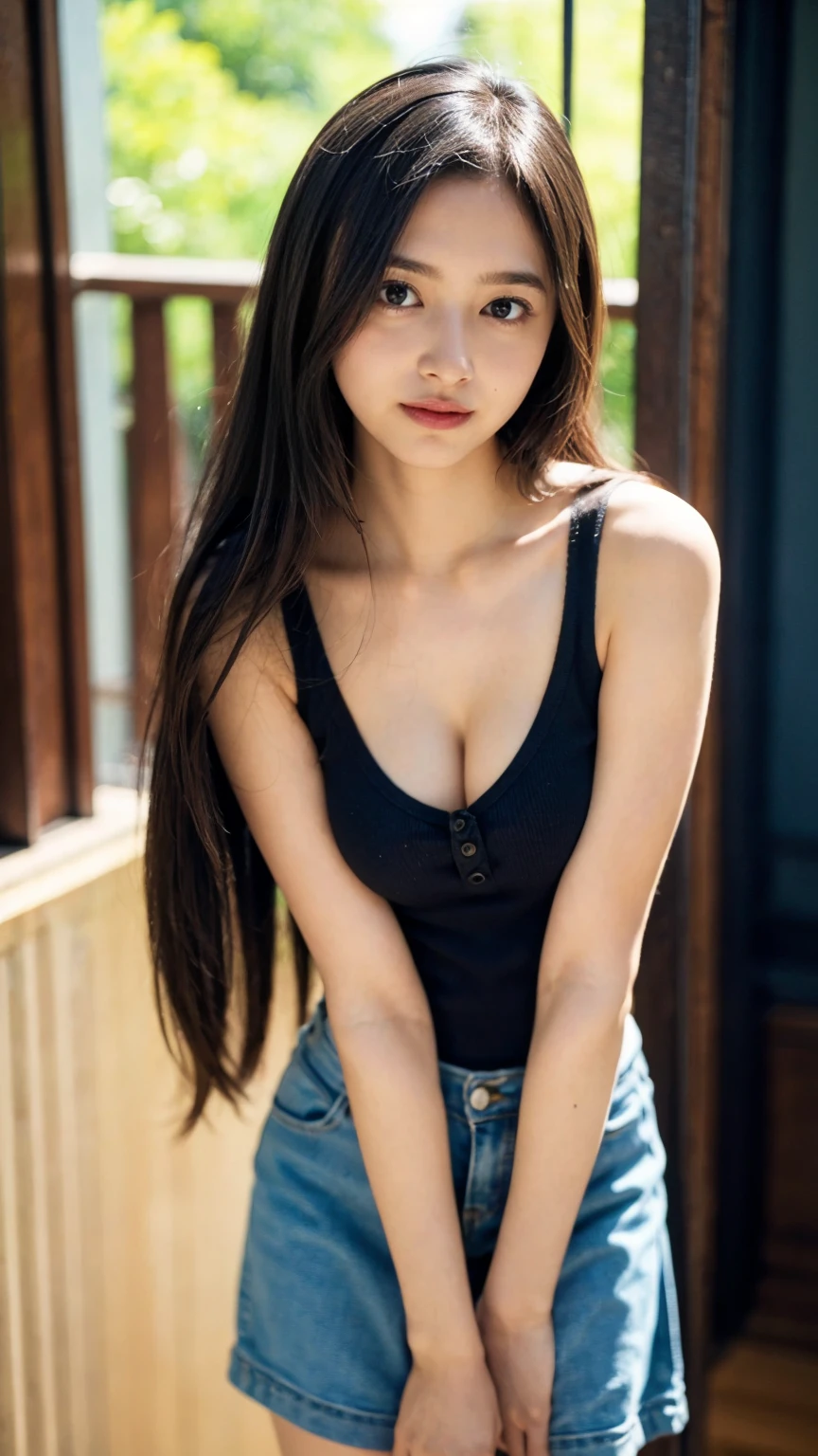 ((1girl)), woman, masterpiece, best quality, highest quality, cinematic lighting, (volumetric lighting), extremely detailed CG unity 8k wallpaper, focused, 8k wallpaper, extremely detailed, ultra realistic, photorealistic, sharp focus, absurdres, (HDR:1.2), (high contrast), photograph, detailed and intricate, instagram, portrait, highly detailed, digital painting, artstation, concept art, smooth, sharp focus, illustration, cinematic lighting, (big breast:1.3), (((skinny, slim legs))), (japanese idol posture), (knit strap tanktop, mini skirt, open shoulder), looking at the viewer, ((Medium body shot, hip level shot)), long hair, ((bent over))