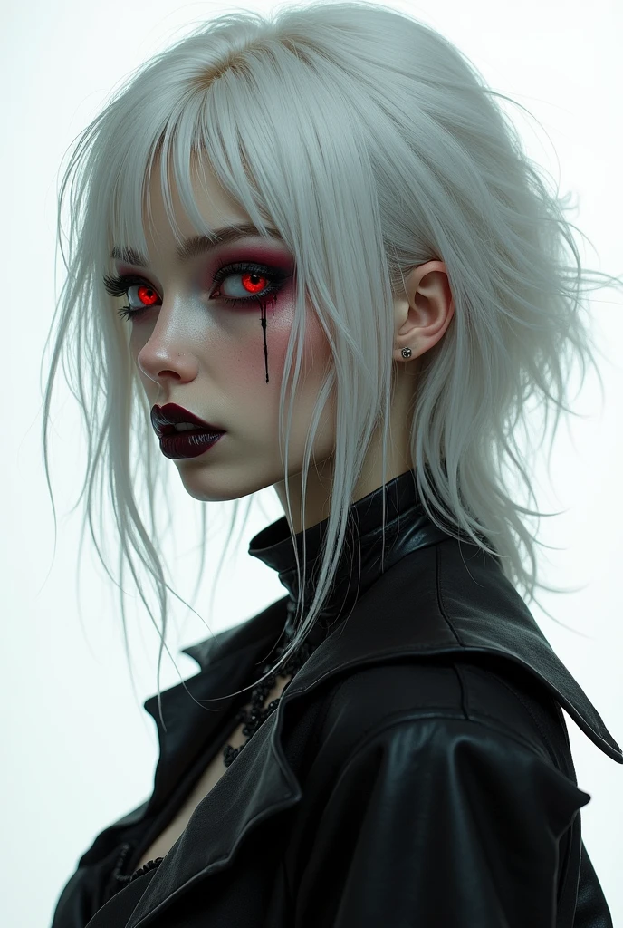 Visually captivating artwork, with skillful use of color, composition, and light. Innovative artwork, showcasing unique and imaginative concepts. ( Goth e-girl wanted on the internet), (hyperrealism), (high-detailed) Emotionally resonant artwork, effectively conveying a narrative. Bust profile image, plain white background, Gothic girl, pale black hair, sexy and merciless eyeliner, sadistic and sad look, imposing expression, red eyes, Black hair