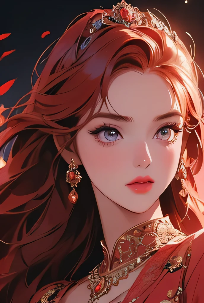 a fiery princess, beautiful detailed eyes, beautiful detailed lips, extremely detailed face, long eyelashes, ornate crown, flowing red hair, elegant fantasy dress, dramatic fire effects, cinematic lighting, digital painting, concept art, vibrant colors, dramatic lighting, photorealistic, 8k, best quality, masterpiece