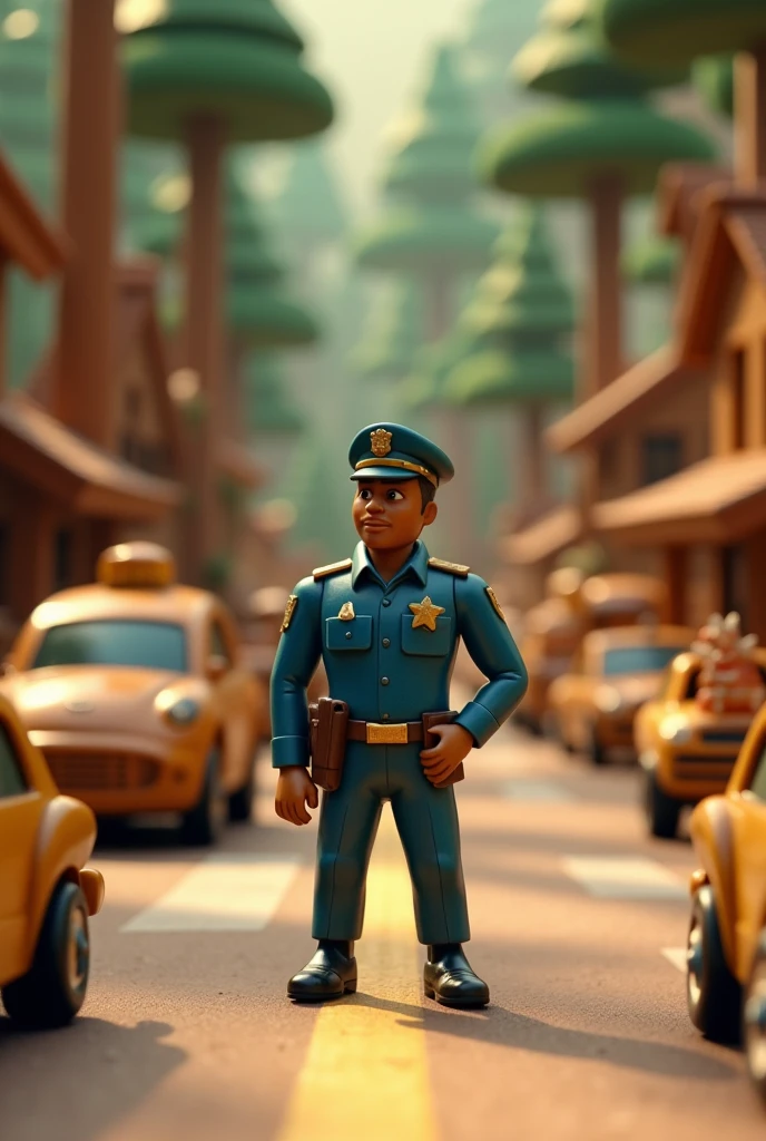 a police officer directing traffic in a wood world, detailed wood figurines, highly realistic wood texture, bright vibrant colors, soft lighting, cinematic composition, 3d render, photorealistic, 8k, hdr, high quality, detailed description, masterpiece