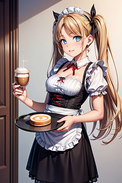 #Basic
A girl posing for a photo, (((One Girl))), (((Baby Face:1.4)) + ((cute:1.4)) + ((15 years old))),
break
#Clothing Accessories
(((白black)Gothic Lolita style maid outfit) : ((elegant)) + ((Dirndl)) + (Gothic Lolita Fashion) + (Dark Gothic) + (blackのコルセット) + (big(black)head band) + (White apron:1.4)), (低デニールblackパンスト:1.4), (blackのハイヒール), ((blackフレームのメガネ)),
(Red Gem Earrings),
break
#Features
((Blonde:1.2)) + ((Center-parted bangs + Very long side bangs)) + ((Twin tails:1.4 : Long Hair + Curly hair + Voluminous Hair + Curly Hair + Tied with a red ribbon)),
((Droopy eyes:1.4, big目:1.2), blue eyes), (Small breasts:1.2), (中立的な顔のFeatures),
break
#background environment
((noon + Coffee shop:1.2, blue sky)),
#Facial Expression Pose
((Wicked Smile)), ((Carrying a tray of juice and coffee)),
#composition
((Angle from the front:1.2, Cowboy Shot)),
break
#Body parts elements
(Slim figure),
(Symmetrical facial features),
(Detailed Hair, Beautiful Hair, Shiny Hair),
(double eyelid, Long eyelashes, Thin eyebrows:0.5, Thin eyebrows:0.5),
(Expression of fine eyes, Beautiful and delicate eyes, Sparkling eyes, Eye Reflexes, Glitter Eyeliner),
(Human Ear),
(Beautiful Nose, Thin Nose),
(Glossy Lips, Beautiful Lips, Thick lips),
(Detailed skin, Textured skin, Beautiful Skin, Oily skin),
break
#quality
(((最高quality)), ((masterpiece:1.3)), ((Very detailed))), ((Ultra-high resolution)), ((16K)), ((1080P)), ((Full HD)),
((Anatomically correct)), ((Realistic)), (3DCG), ((Oil painting)),
((comics, anime)), (CG illustration), (RAW Photos),