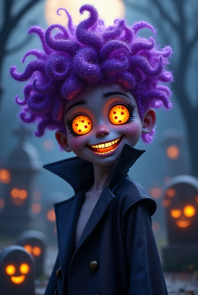 Necromancer man good-vibes "THAT KIDDING FROM NEW" with purple glitter hair type c4 curly with "🍕" in place of the eyes.