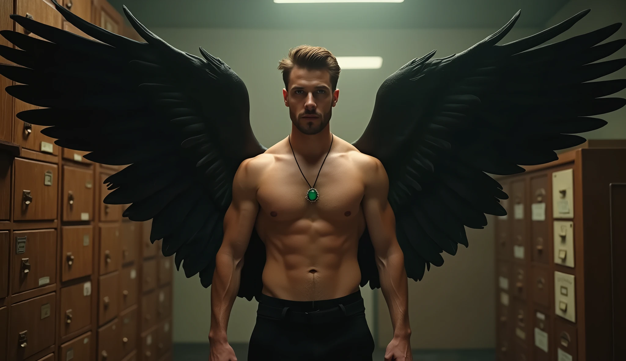 ((masterpiece)) ((4k resolution)) ((Whole body)) 30 year old man, Light brown hair, short hair, eyes the color of honey, bright Eyes, male face, three-day unshaven beard, intense and seductive look,  with angel wings, black wings, spread wings, muscled body, thick muscle, pectoral display, body hair, Black pants, necklace with an emerald pendant. scene: 1950s detective office. 