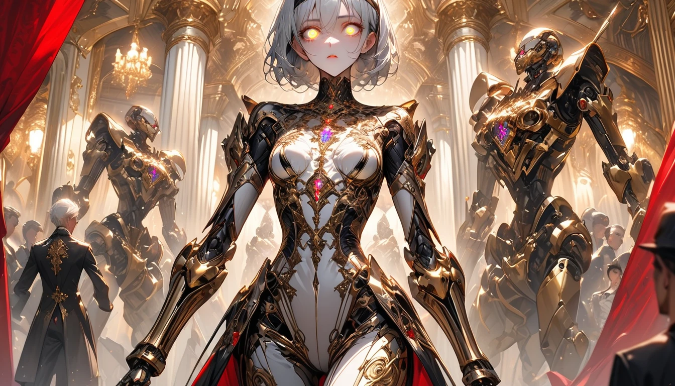 being exhibited in a luxurious mansion with velvet curtains, elegant white indoors, being admired by a crowd, female clockwork automaton of exceptional quality and design, built of polished steel and brass, intricate refined gold accents, 180 cm, slender and agile frame, built for both strength and elegance, human-like face, expressive eyebrows, deep-set glowing gemstone eyes, thin delicate lips capable of forming any expression imaginable, silver hair held in place by a simple yet elegant headband, solo, female, robot, steel and brass arms, steel and brass body,