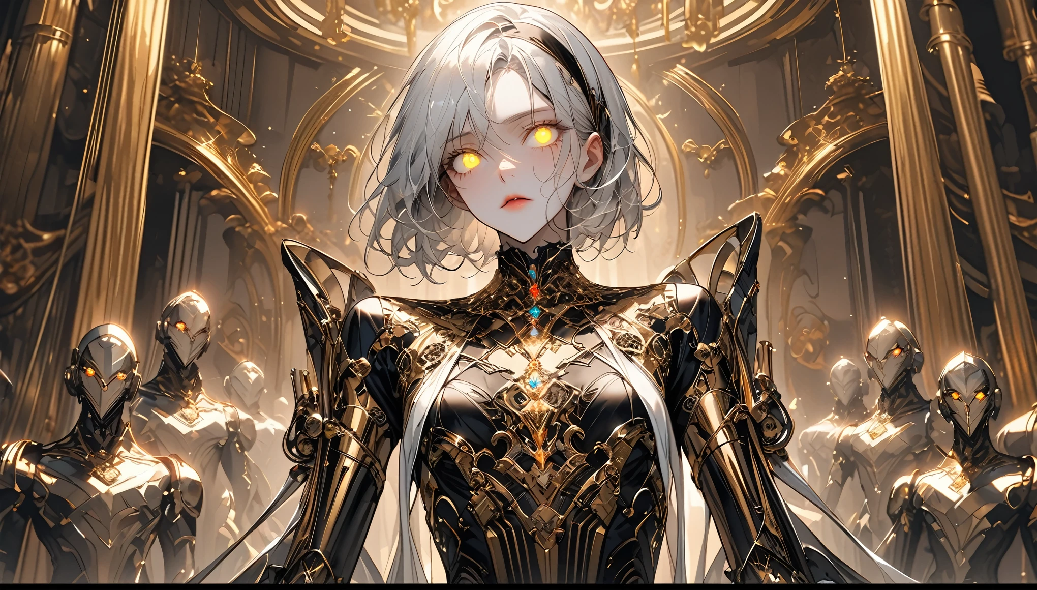 clockwork automaton of exceptional quality and design, built of polished steel and brass, intricate refined gold accents, 180 cm, slender and agile frame, built for both strength and elegance, human-like face, expressive eyebrows, deep-set glowing gemstone eyes, thin delicate lips capable of forming any expression imaginable, silver hair held in place by a simple yet elegant headband, solo, female, robot, steel and brass arms, steel and brass body, solo, female, being exhibited in a luxurious mansion with velvet curtains, medium shot, elegant white indoors, admiring crowd