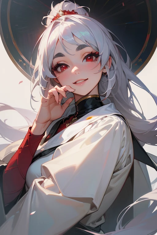 (Highest quality, masterpiece:1.2), High resolution, Very detailed, Realistic:1.37, Fantasy, An illustration,Gray Hair、 Red eyes、Queen, White Dress、Platinum decoration、beautifully、Eyeshadow Red、Thick eyebrows、Long eyelashes、pupils are black、shiny on the lips、Top Sites、Queen、Princess、ponytail、A kind smile、Show your teeth a little and smile、Soft impression、people々Loved by、Slimming the face、Shoulder Bare、sexy、(A kind smile).