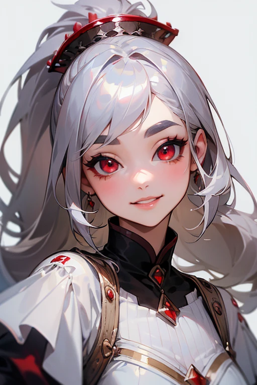 (Highest quality, masterpiece:1.2), High resolution, Very detailed, Realistic:1.37, Fantasy, An illustration,Gray Hair、 Red eyes、Queen, White Dress、Platinum decoration、beautifully、Eyeshadow Red、Thick eyebrows、Long eyelashes、pupils are black、shiny on the lips、Top Sites、Queen、Princess、ponytail、A kind smile、Show your teeth a little and smile、Soft impression、people々Loved by、Slimming the face、Shoulder Bare、sexy、(A kind smile).