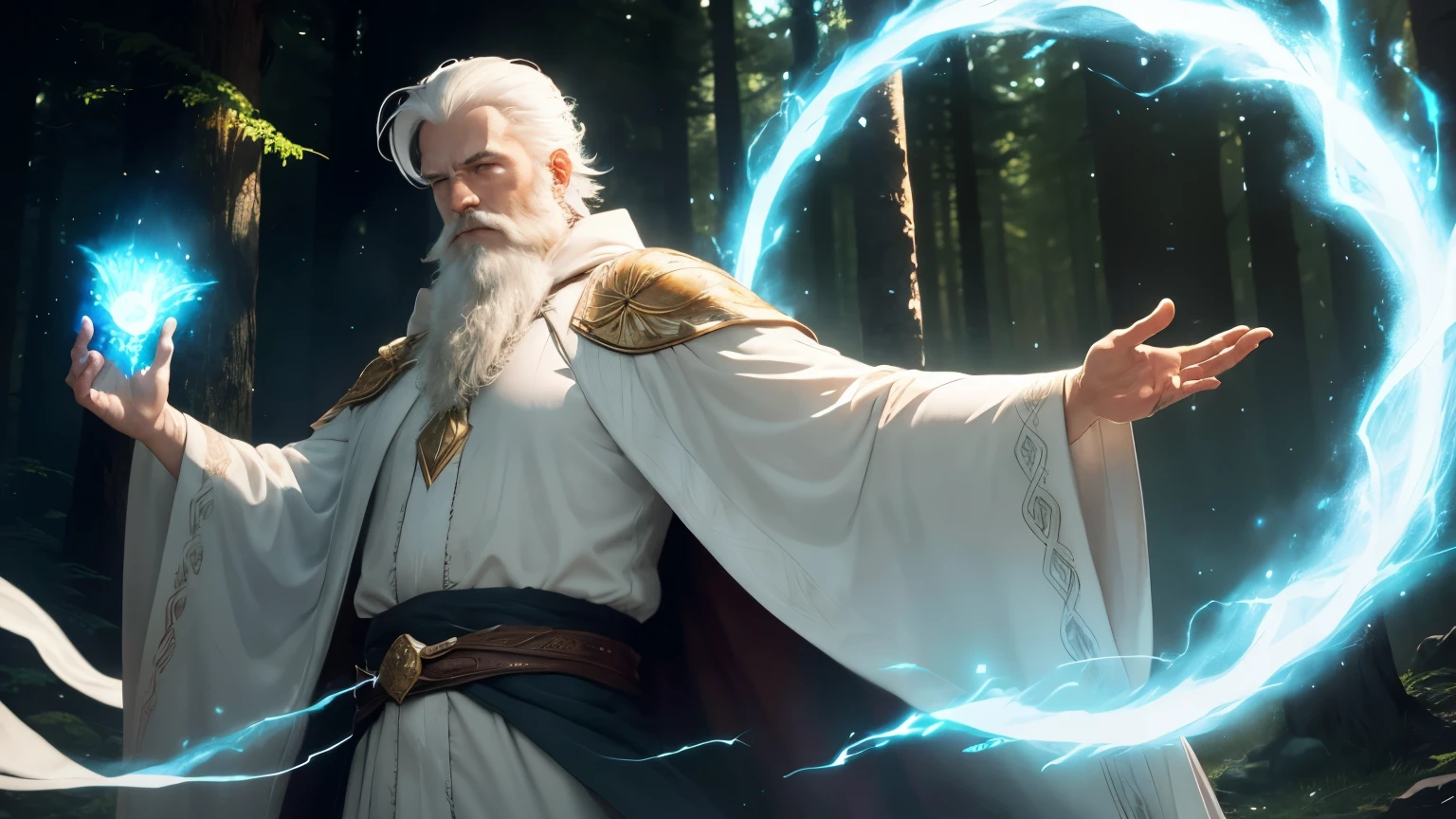 An old white-haired and white-bearded sorcerer, dressed in dark, flowing robes, stands in a mysterious forest clearing. The air around him begins to shimmer with magical energy as he prepares to teleport. He raises his hand, and glowing runes appear in the air, swirling around him. Suddenly, with a flash of bright light and crackling energy, the sorcerer disappears from the scene, leaving only a faint trace of glowing particles where he once stood. Moments later, he reappears in a different location with a similar burst of magical light, his robe flowing as if untouched by the teleportation.