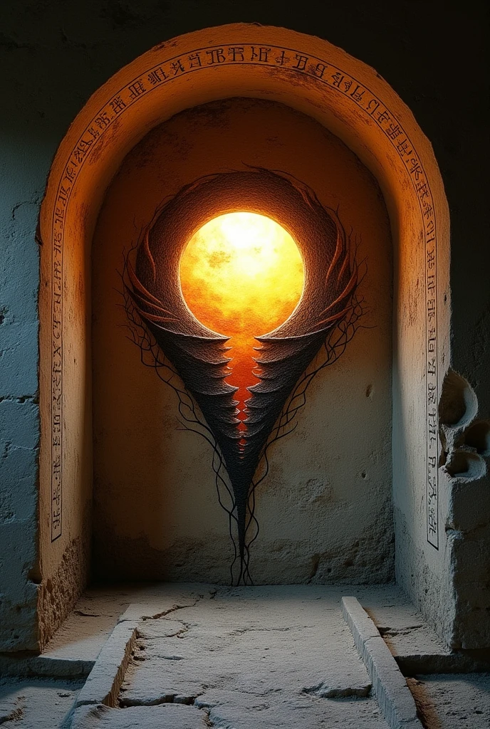     • Symbol of Nahris: Engraved in a hidden corner of the chapel, The symbol is a stylized representation of a setting sun, Half submerged in shadows and half glowing with a soft light. At the center, There is a spiraling funnel, As if being sucked into an endless darkness. Around the symbol, Inscriptions in an ancient language spread out like roots, Suggesting a deep connection to twilight and to Nahris' power to balance light and darkness.
    • Manuscript 