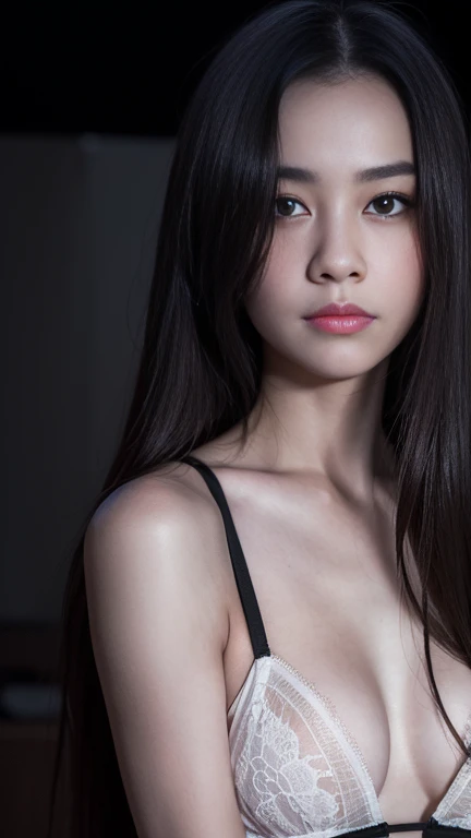 highest quality, epic realistic, ((in the pitch black darkness :1.4)), (()),(background: dark ) high contrast ,glorious picture, lowest lux, lighting face, she's comfortable, wearing white lingerie, looks incredible, (8k, Raw photo, Highest quality),(epic realistic:1.5), a woman, face,(detailed eyes:0.8),(looking at the camera:1.4), (Highest quality), ( high contrast, deep shadows),Intricate details,cinematic,((skin:1.4)), (long dark hair:1.3), long hair, messy ,(Hdr:1.5),Detailed, colors, Superior quality, Masterpiece, Raw Photo (20-year-old, looking at viewer), beautiful, (wearing underwear,), perfect, natural, perfect composition, portrait, perfect face, smiling expression, Captivating eyes, Bright details, Tight lips, (High Skin Detail),, (blue tint: 0.6), (sale: 0.8), (bloody: 0.7), Key lighting , (backlight: 0.5), Medium depth of field, Canon 5d, 50mm lens, f/4 apertures, (Ultra-detailed, Complex detail), sharp focus, soft colors, 8k, Absurd, 80mm, dark background, photography, smiling, small round breasts ,