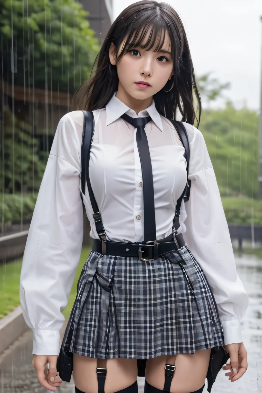 1 female, , high quality, masterpiece, Ultra-high resolution, Cinema Lighting, 1 female, , high quality, masterpiece, Ultra-high resolution, , Cinema Lighting, suspenders　　　Moderate breasts　 　 　　　　　 　　　　Small face　 　　　　　　　　　　　Looking up　　　　Sweat 　　　Thin belt　buzzer　脇Sweat 　　　　 　garter belt　　Belt on pants　　holster　 　　Hands behind your back　 　Looking up　Anxious face　Knee-high　Knee socks　Knee-highソックス 　garter　ふとももにgarter belt　Checkered mini skirt　 　　Panty shot　Skirt gap Armament　　　holster　holster 　　Hands behind your back　 Anxious expression　　Anxious face, legs apart　Armament　　Leg Holster　holster　See-through clothing　heavy rain　Rain-soaked dress shirt,Moderate breasts　ガーターbelt　suspenders　Garter on the thigh　Checkered mini skirt　Looking up　Pause　belt　Armpit sweat　Hands behind back　Raise your hands