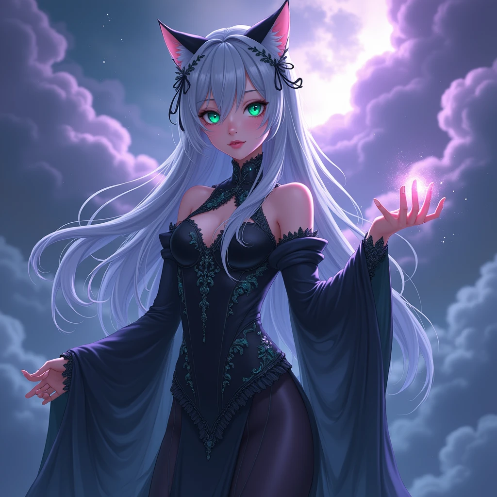 Cat anime woman in black goddess clothes with clouds glowing background