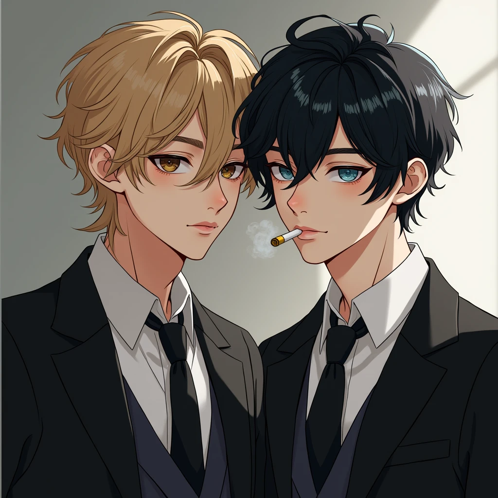 19-year-old male twins. Twin one has dark blonde hair. Twin two has black hair with blue streaks. Both wear elegant clothes. Twin two smokes.