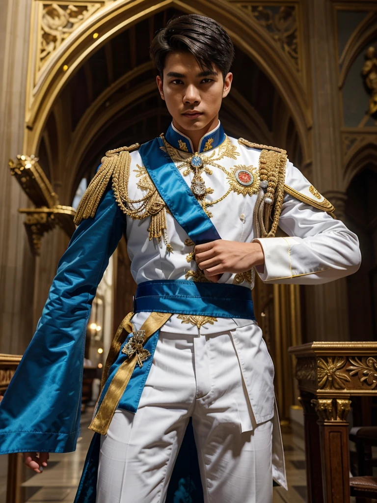 Handsome young man from Thailand,18 years old,undercut hair,in a dynamic pose,inside a magnificent cathedral or palace building.wearing an elaborate costume with blue and gold accents.His costume includes a white coat and flowing ribbon or sash,white trousers.holding a sword with intricate designs and details such as glowing embers,indicating that the sword has special powers.In the background there are also doves flying around.