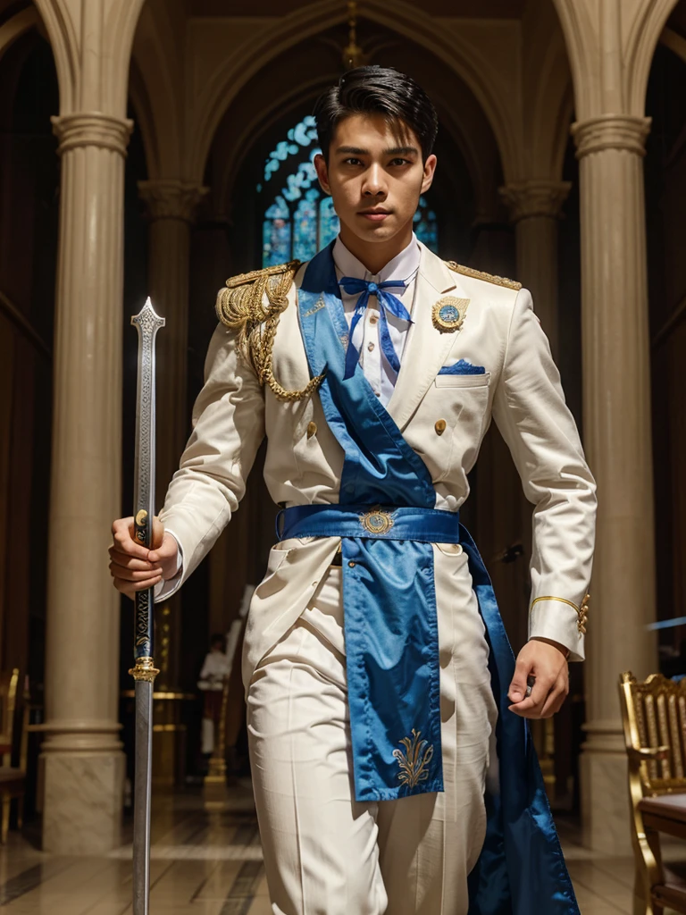Handsome young man from Thailand,18 years old,undercut hair,in a dynamic pose,inside a magnificent cathedral or palace building.wearing an elaborate costume with blue and gold accents.His costume includes a white coat and flowing ribbon or sash,white trousers.holding a sword with intricate designs and details such as glowing embers,indicating that the sword has special powers.In the background there are also doves flying around.