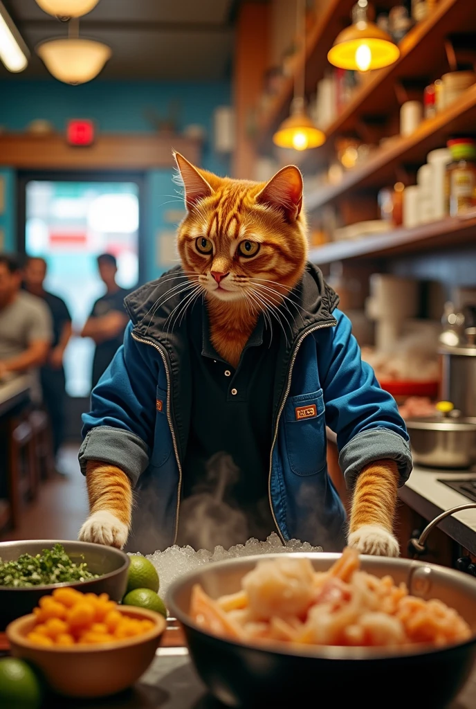 Make me a brown curly cat with a blue and black jacket and a black polo shirt cooking in a Peruvian cevicheria.