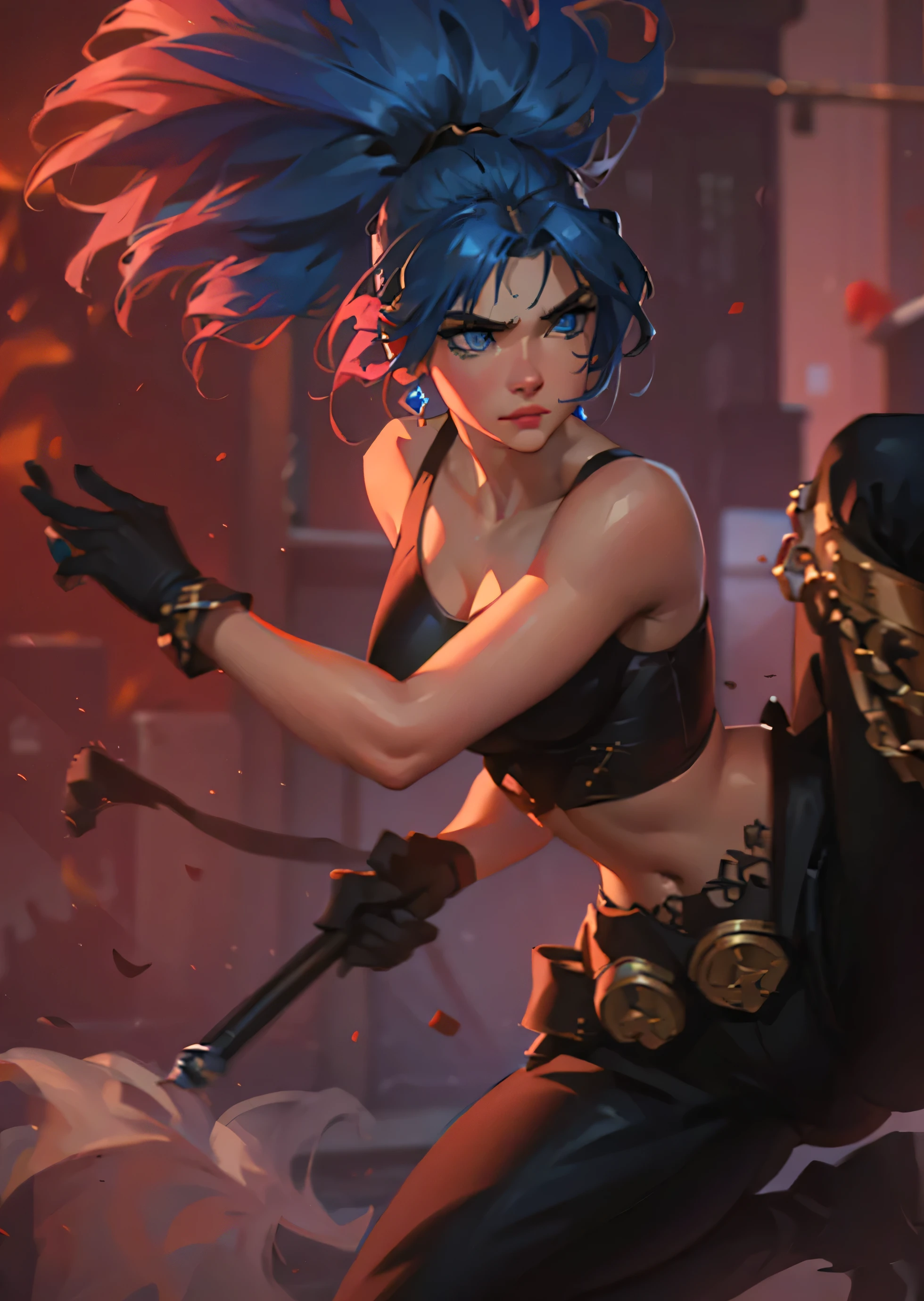 ((Best Quality, 8K, Masterpiece: 1.3)), best quality, ultra high res, texture, hyper realistic, masterpiece, detailed texture, detailed face, detailed skin, detailed lighting, (photorealistic:1.5), best quality, beautiful lighting, cinematic lighting, professional lighting, ultra highres, realistic, detailed hair, real hair, high quality, (realskin:1.5), extremely detailed, finely detail, ultra-detailed, 1girl, solo, (blue eyes:1.5), v-shapped eyebrow, lips, closed mouth, nose, make up, pretty, beautiful, long hair, blue hair, high ponytail, large breasts, cleavage, armpit, midriff, navel, stomach, bare shoulders, sleevless, angry face, black gloves, black pants, smoke bomb, earrings, karina \(mobile legends\), depth of field, looking aways, white skin, skin tight, amazing pose, outdoors, glowing, dark view, blurry background
INFO