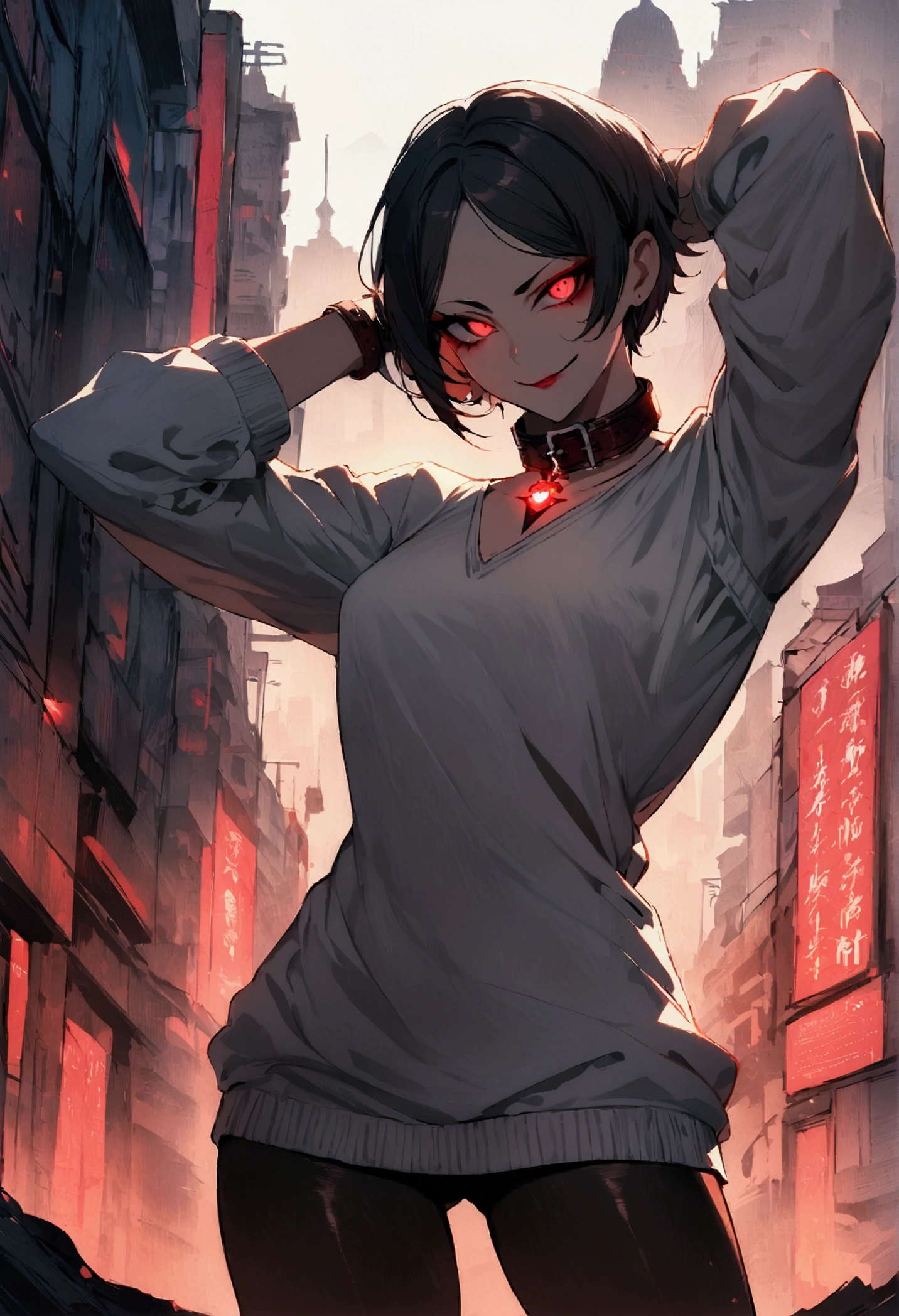 standing,alone,short hair,work of art,face detailed,young fitness linda,Wearing black pantyhose,tight white sweater with collar ,neckleace,evil smile,red eyes glowing,labiaa,eye shadow,bangs on the eyes,Hands behind the head ,background city