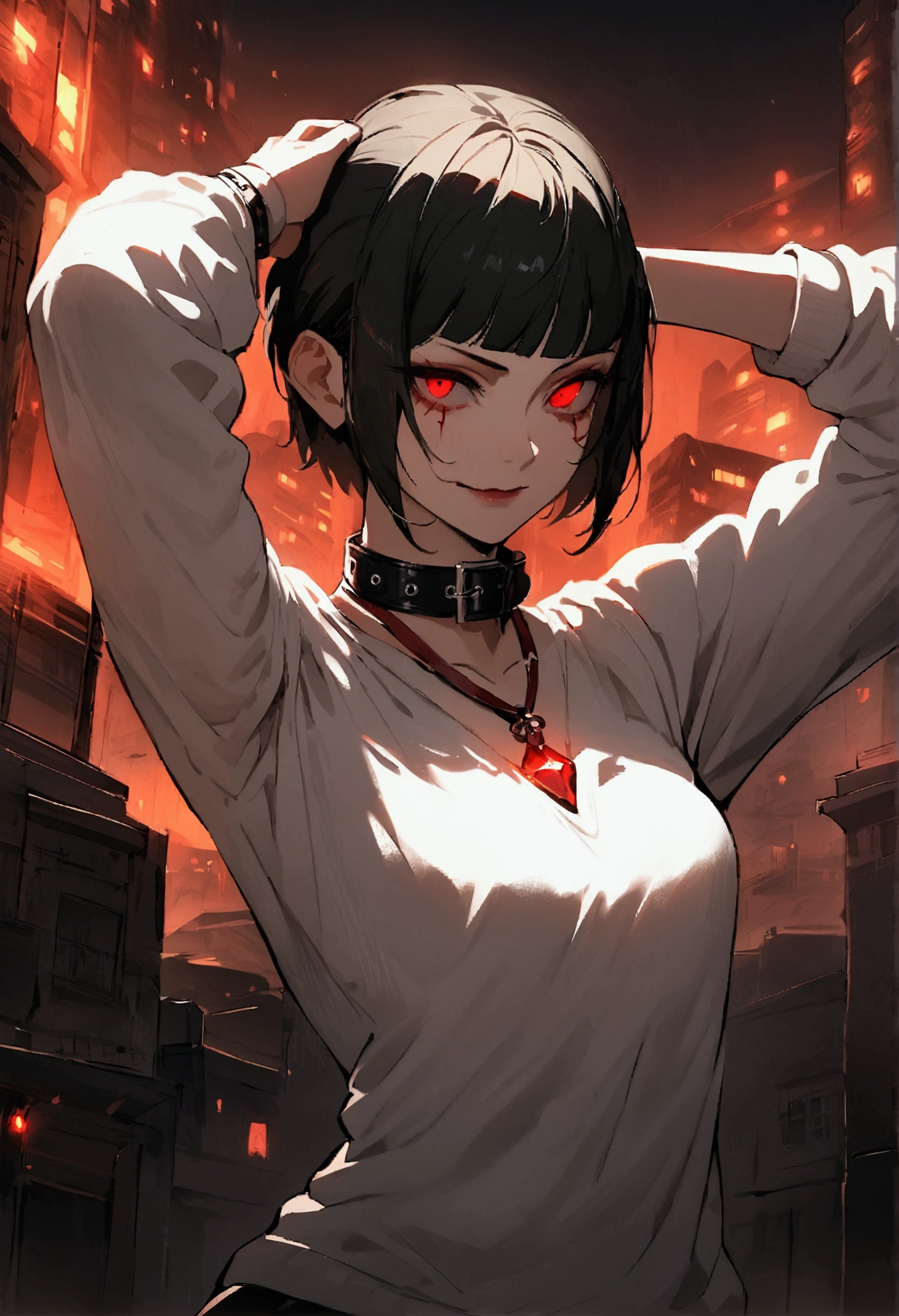 standing,alone,short hair,work of art,face detailed,young fitness linda,Wearing black pantyhose,tight white sweater with collar ,neckleace,evil smile,red eyes glowing,labiaa,eye shadow,bangs on the eyes,Hands behind the head ,background city
