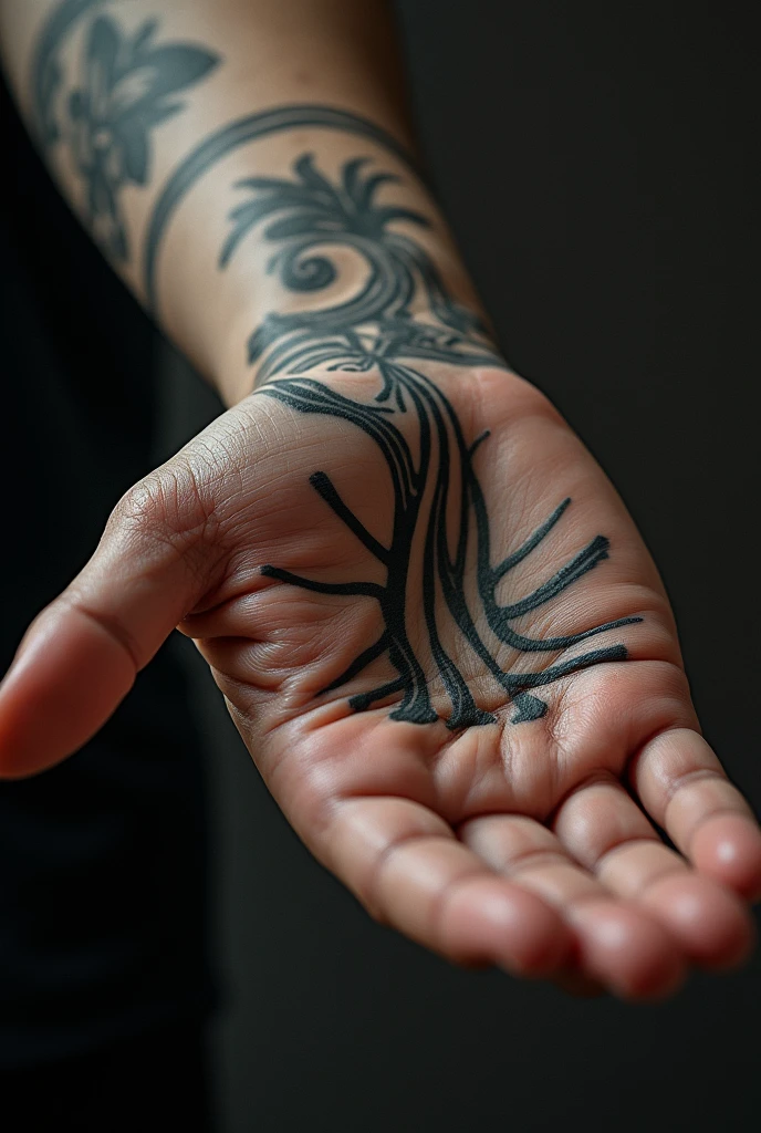 A hyperdetailed 16k resolution ultrarealistic photoillustration of a human hand in close-up, a tattoo mirrors the bone structure on the surface of the hand