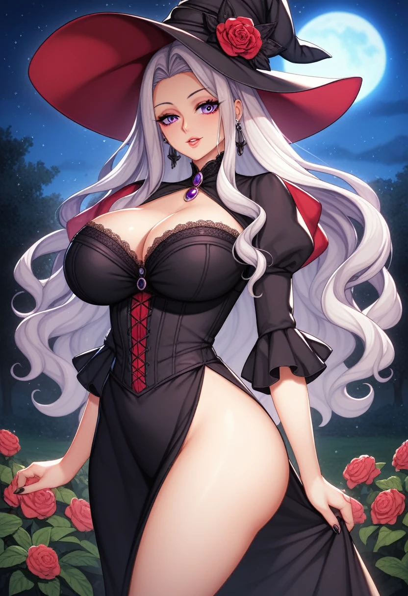 WRC Style, game CG, Anime style, {{{masterpiece}}}, {{{best quality}}}, {{ultra-detailed}}, {cinematic lighting}, {illustration}, {beautifully detailed eyes}, {1girl}, extremely detailed, exaggerated proportion, 1girl, solo, A hot mature woman, wearing crimson gothic dress and witch hat, mysterious purple eyes, silver long layered cut hair, {{{graceful neutral expression}}, big breast, J cup breast, huge ass, fair shiny skin, she is standing gracefully on serene garden, graceful pose, night garden background, night sky, cowboy shot, ratatatat74, cell shaded, pixiv