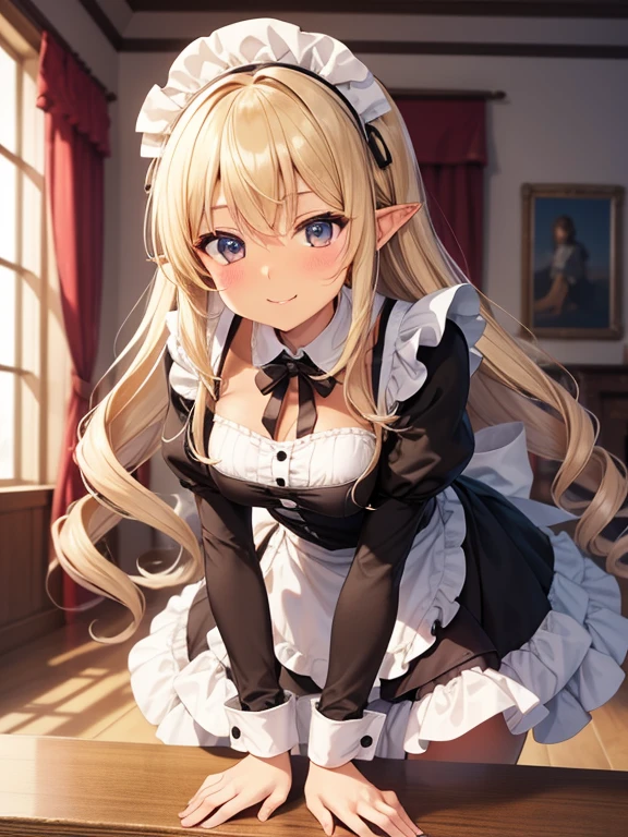 drill hair,maid,(Brown Skin:1.4),blonde long hair,pointy ear,shy expression, blush,(charming smile),Inside the castle,Leaning forward